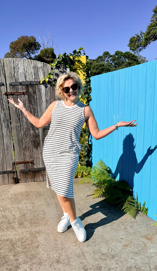 HUFFER Navy/White Stripe Midi Dress - NEW WITH TAGS