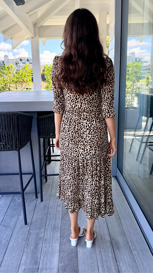 LEW LOOK Brown Leopard Print Midi Length Dress