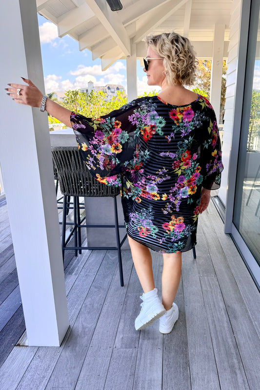 AUGUSTINE/CHARLO - Black Overlay Floral/Striped Dress