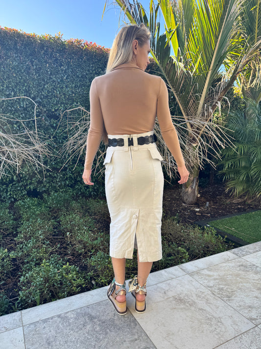 CUE Tan Pencil Tailored Midi Skirt