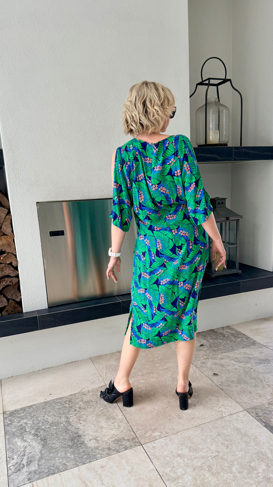 ANDREA MOORE Green Floral Midi Length Dress, Fits 12/M