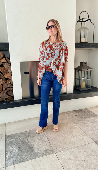 AUGUSTINE - Blue/Orange Floral Sheer Top, Size M
