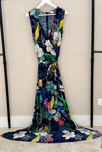 ANDREA MOORE Blue 100% Silk Maxi Dress