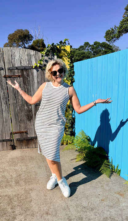 HUFFER Navy/White Stripe Midi Dress - NEW WITH TAGS