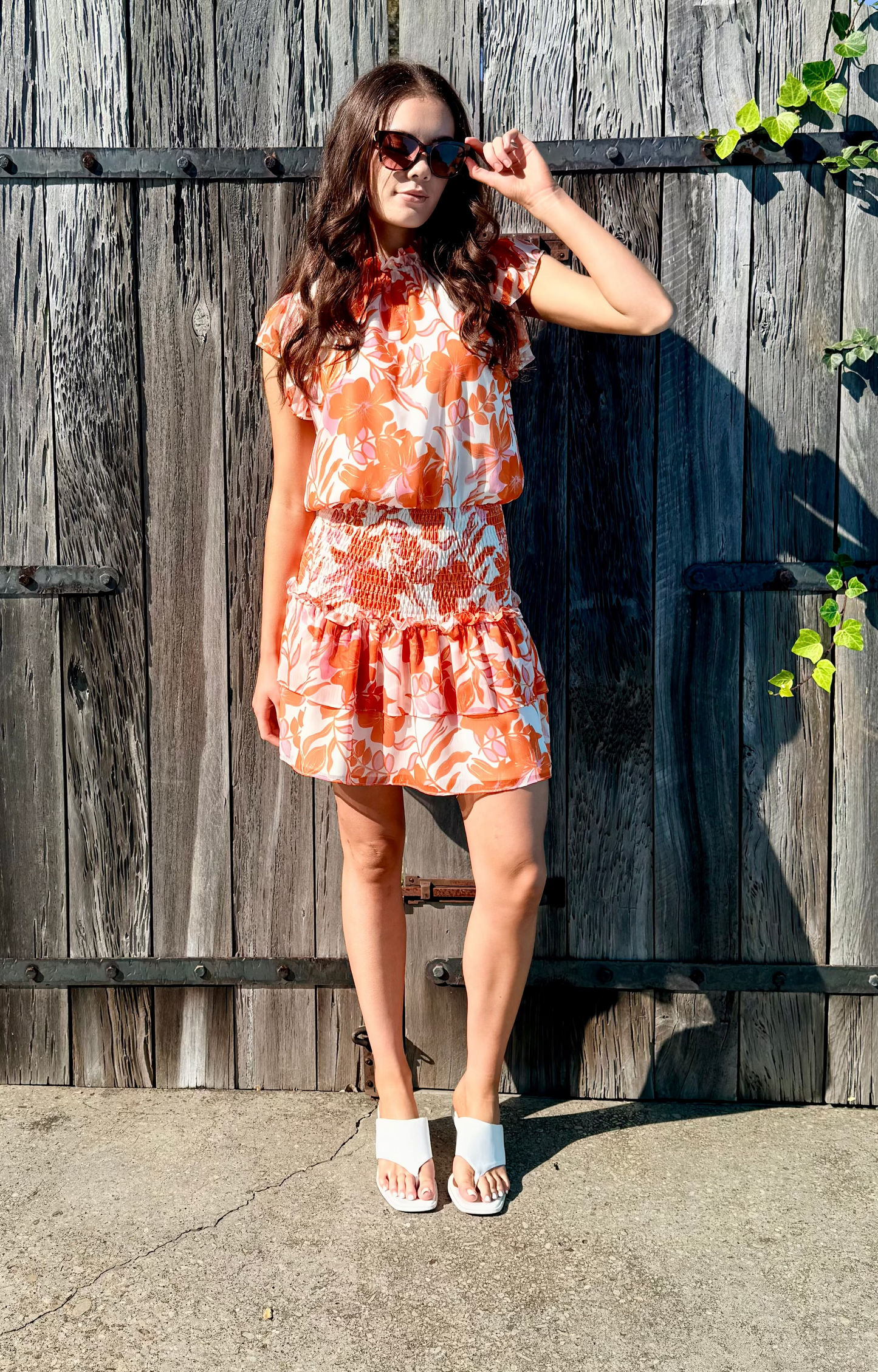 AUGUSTINE Orange/White Floral Knee Length Dress