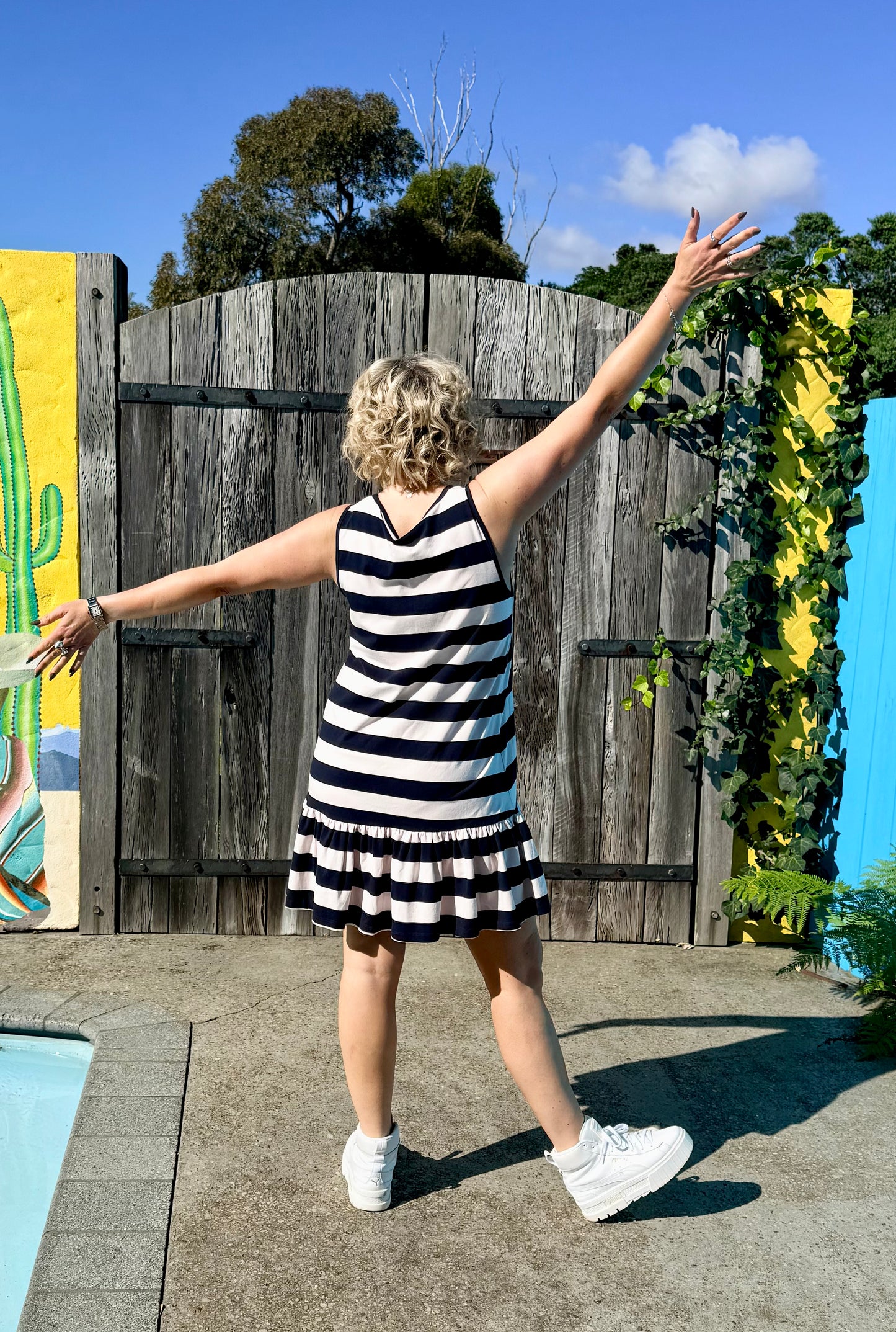 HUFFER Navy/Tan Stripe Knee Dress - NEW WITH TAGS