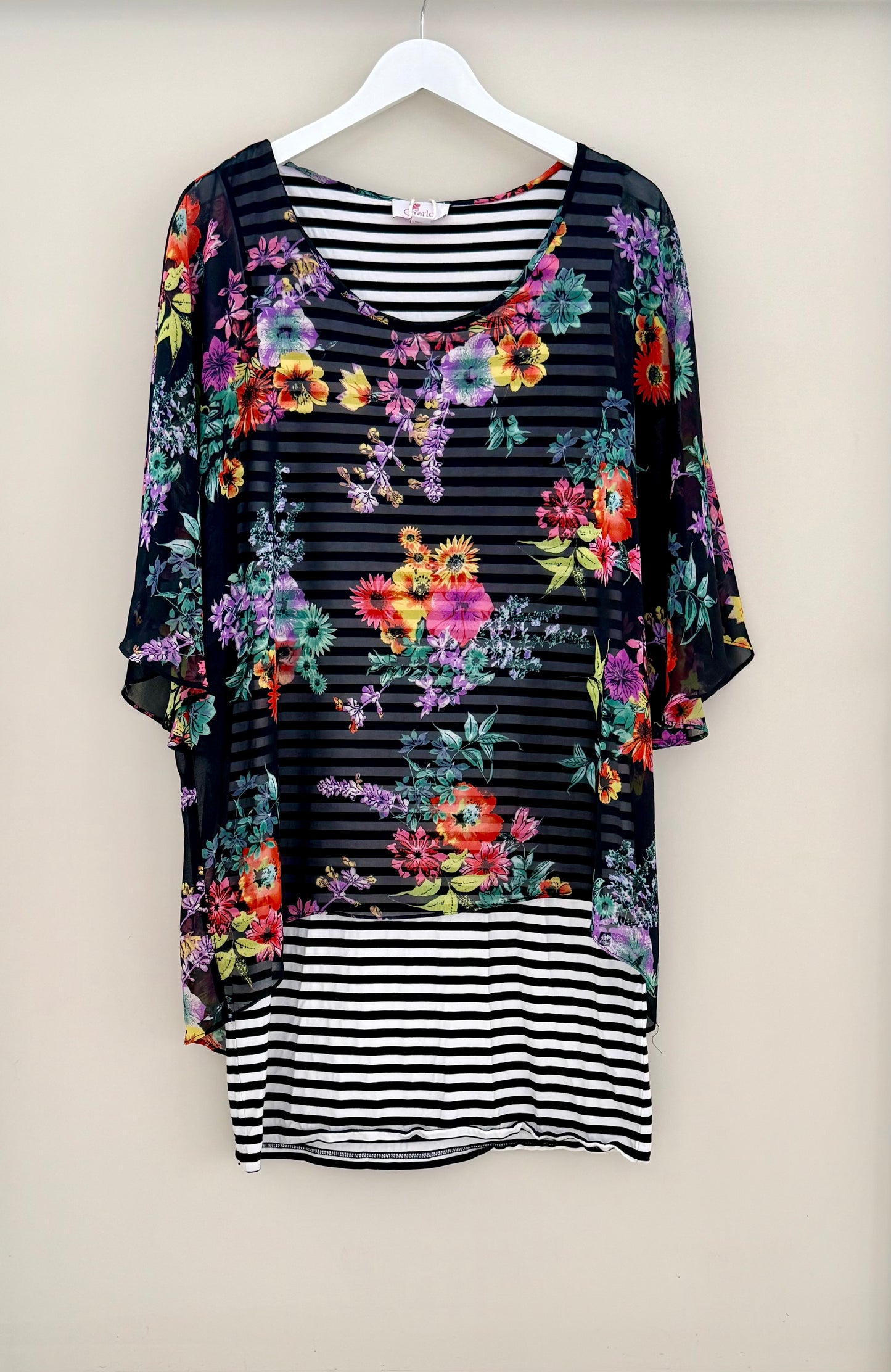 AUGUSTINE/CHARLO - Black Overlay Floral/Striped Dress