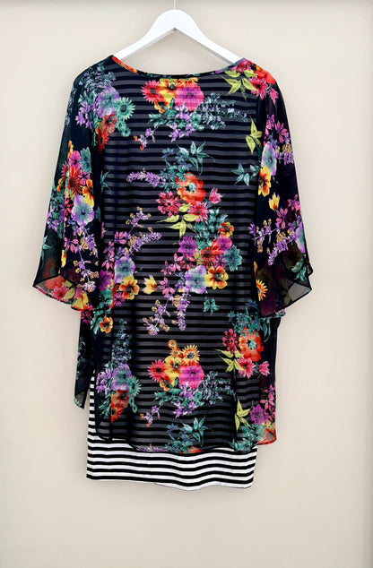 AUGUSTINE/CHARLO - Black Overlay Floral/Striped Dress