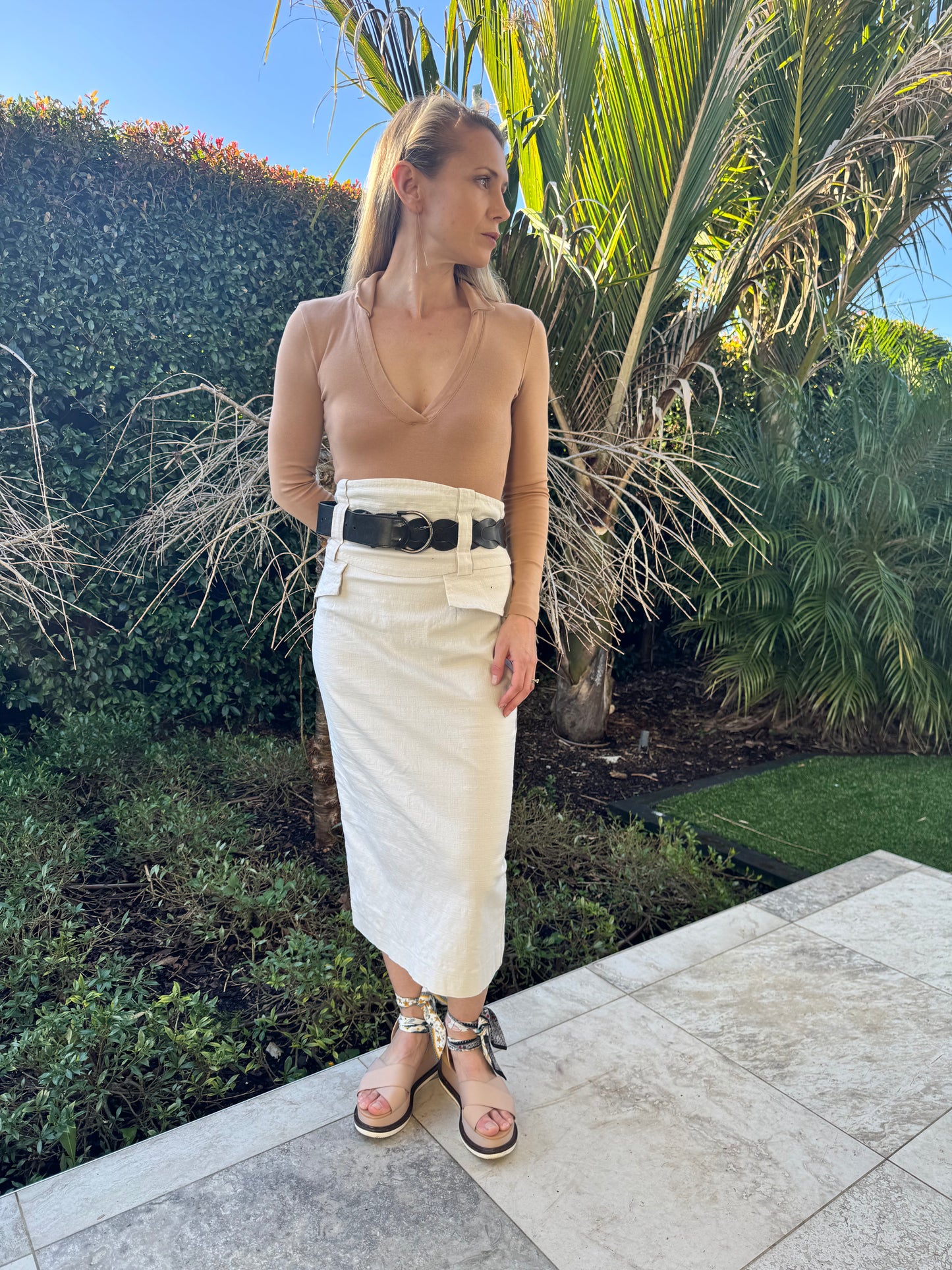 CUE Tan Pencil Tailored Midi Skirt