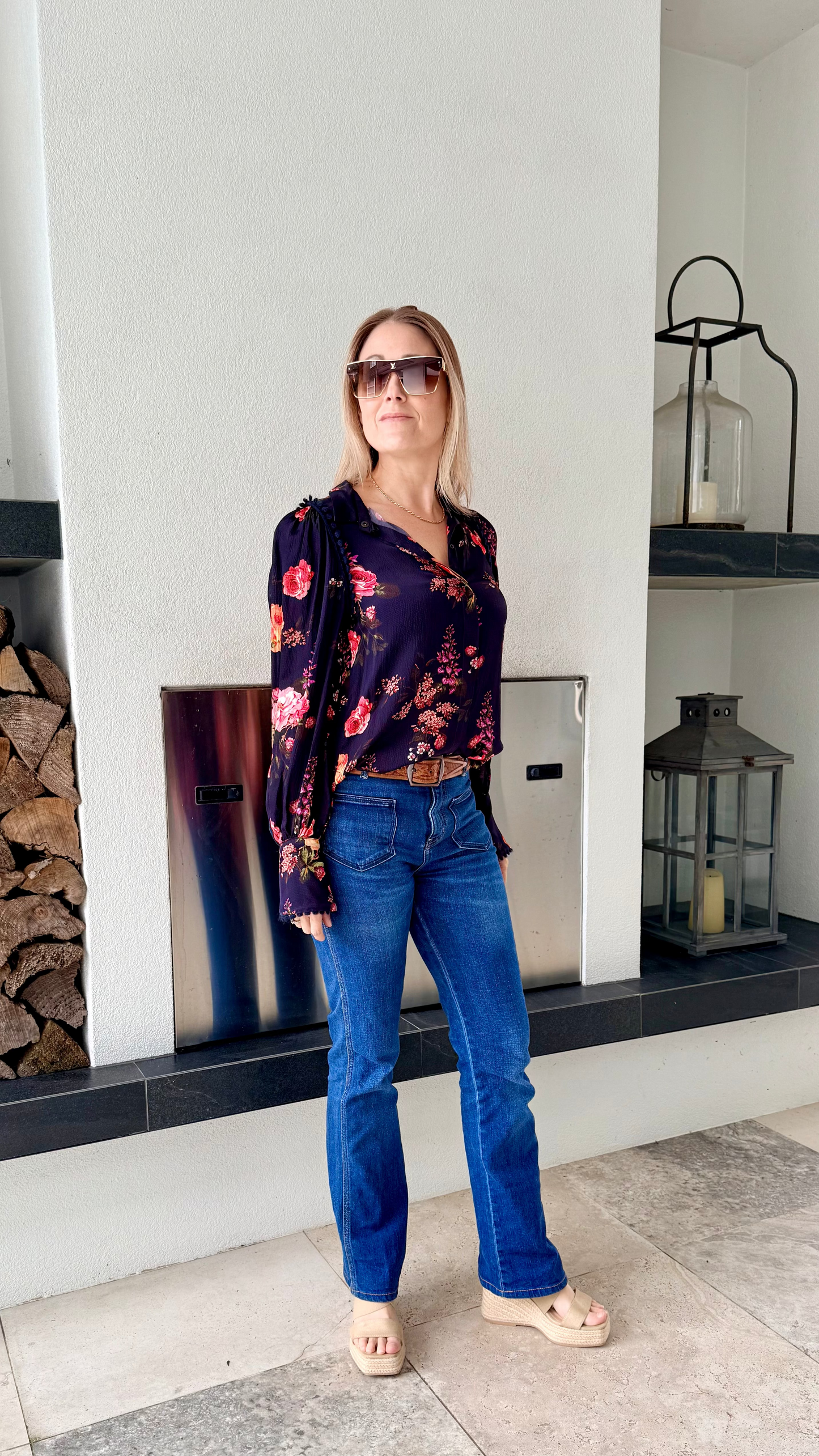 MOTHER OF PEARL Long Sleeve Blue Floral Shirt, Fits S-M