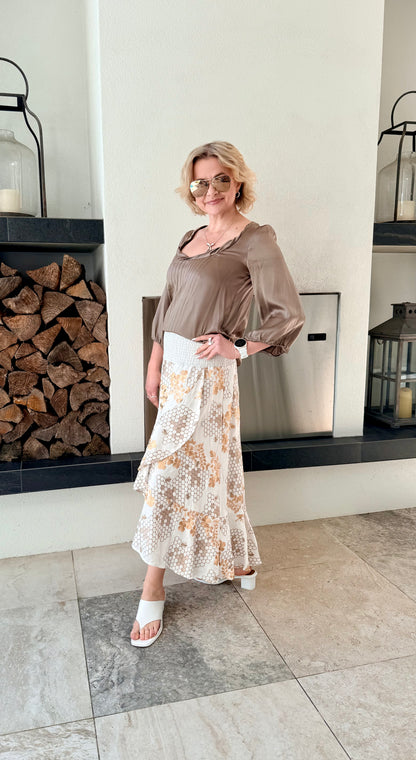 ONCE WAS Embroidered Tiered Linen Blend Midi Skirt, Size 3/L