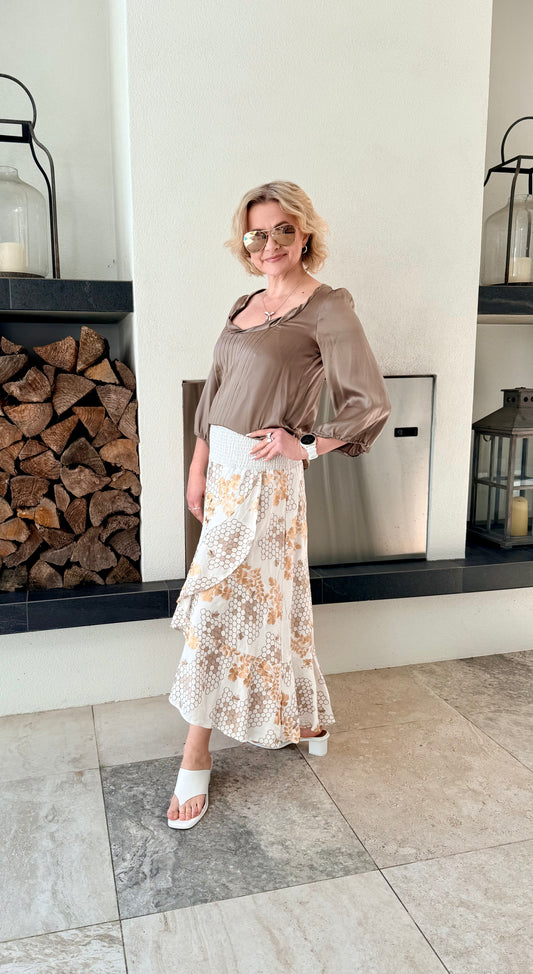 ONCE WAS Embroidered Tiered Linen Blend Midi Skirt, Size 3/L
