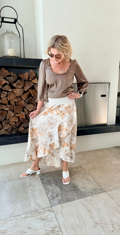 ONCE WAS Embroidered Tiered Linen Blend Midi Skirt, Size 3/L