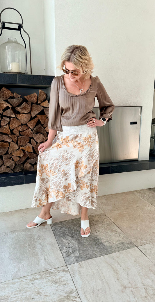 ONCE WAS Embroidered Tiered Linen Blend Midi Skirt, Size 3/L