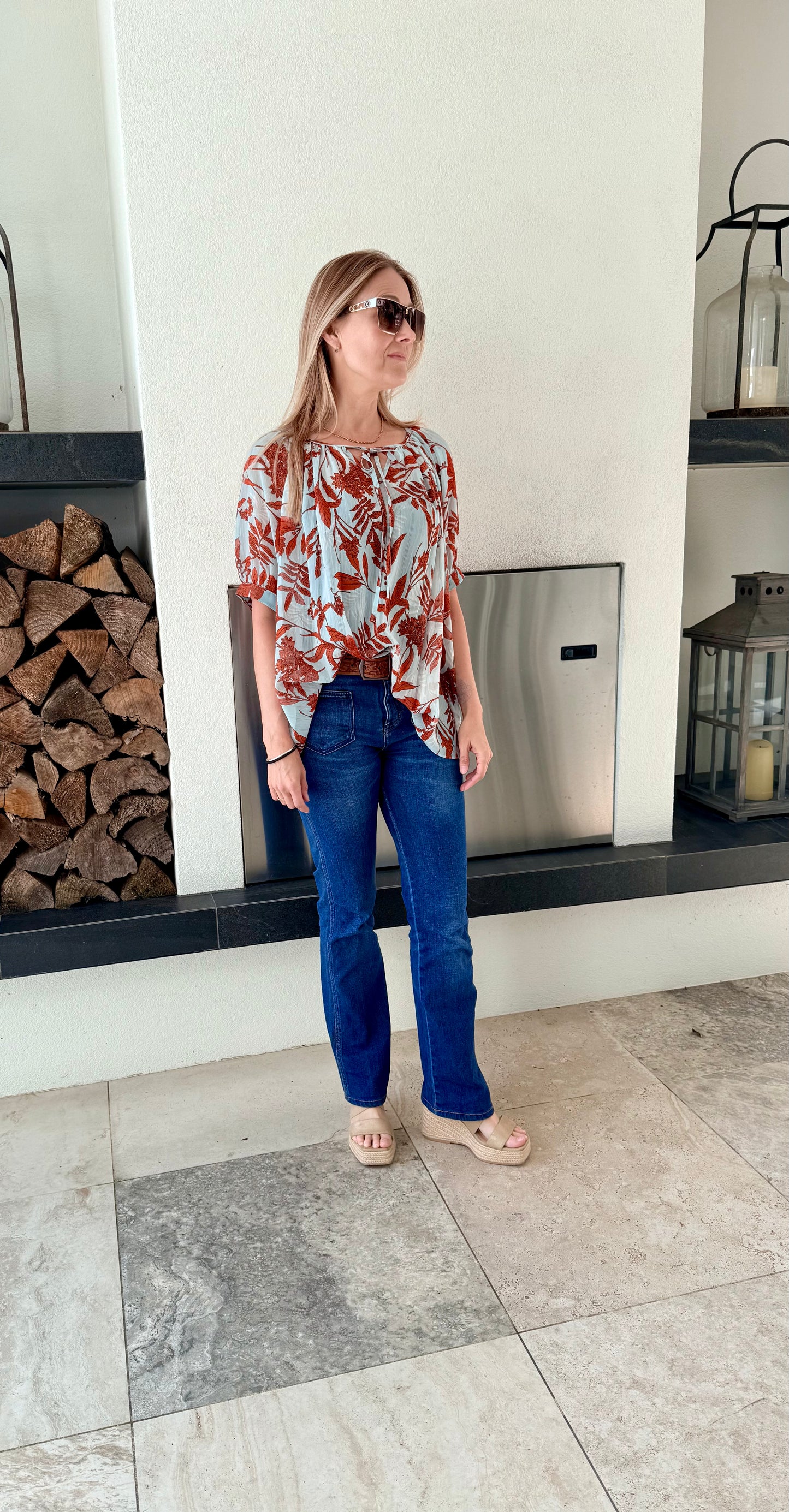 AUGUSTINE - Blue/Orange Floral Sheer Top, Size M