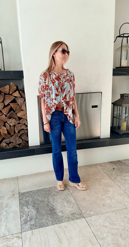 AUGUSTINE - Blue/Orange Floral Sheer Top, Size M