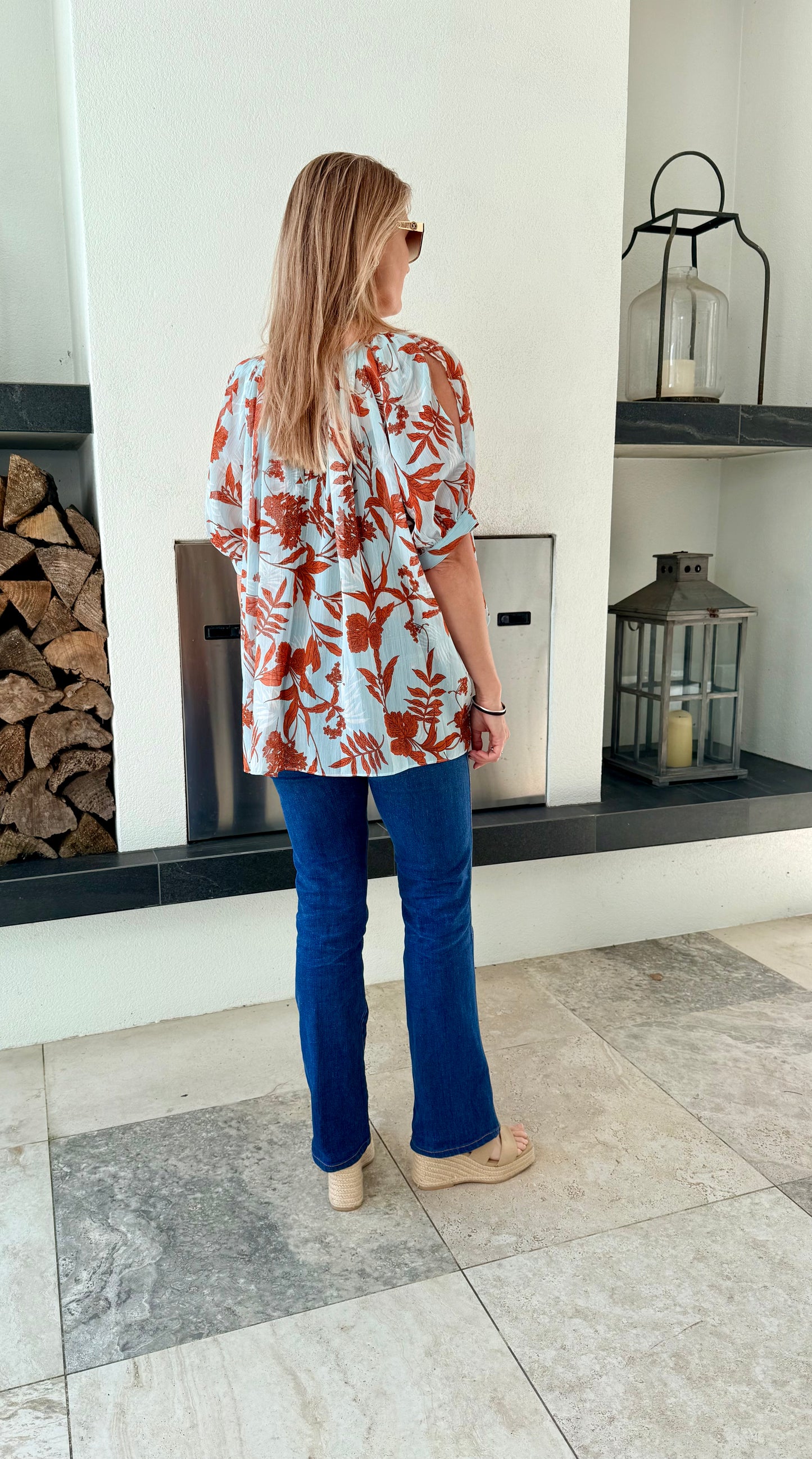 AUGUSTINE - Blue/Orange Floral Sheer Top, Size M