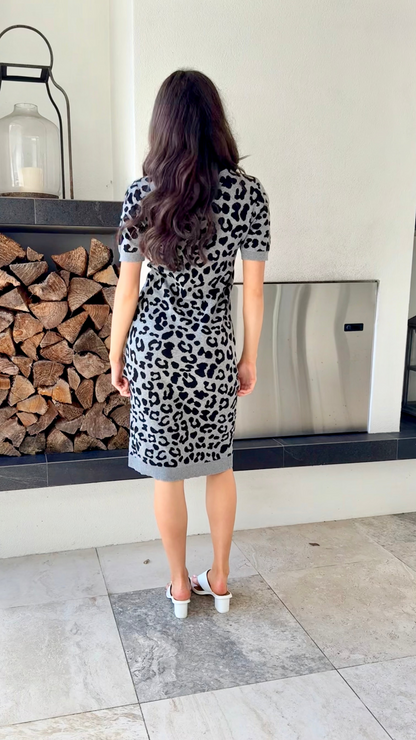 SYLVESTER Grey Black Leopard Print Midi Knit Dress, Size M