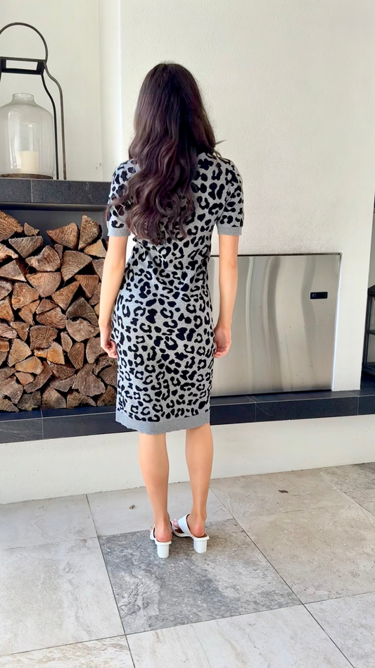 SYLVESTER Grey Black Leopard Print Midi Knit Dress, Size M