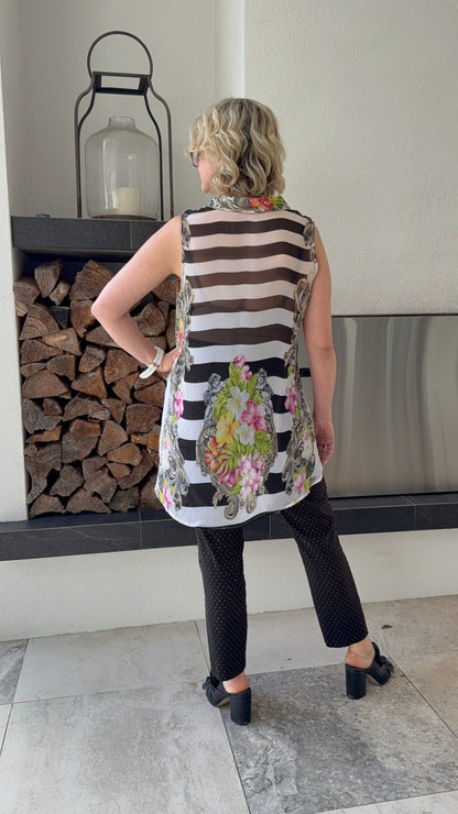 MEMO Black/White Floral Sheer Tunic Top, Size 12