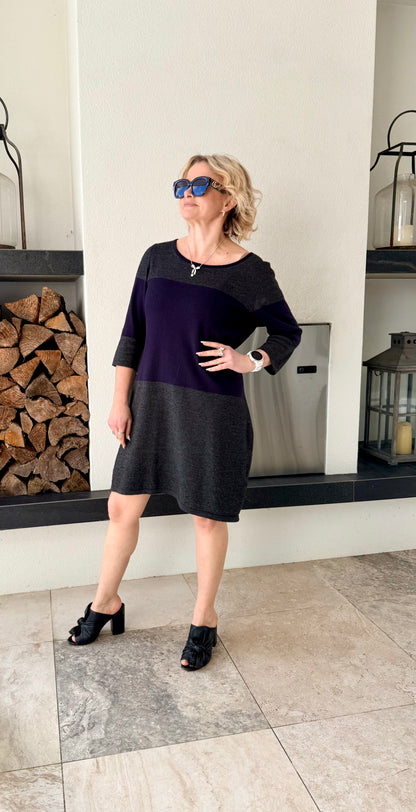DAVID LAWRENCE - Grey/Navy Knee Length Wool Blend Dress, Size XL (fits M)
