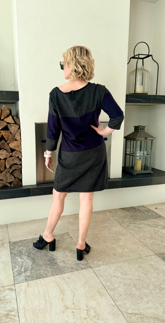 DAVID LAWRENCE - Grey/Navy Knee Length Wool Blend Dress, Size XL (fits M)