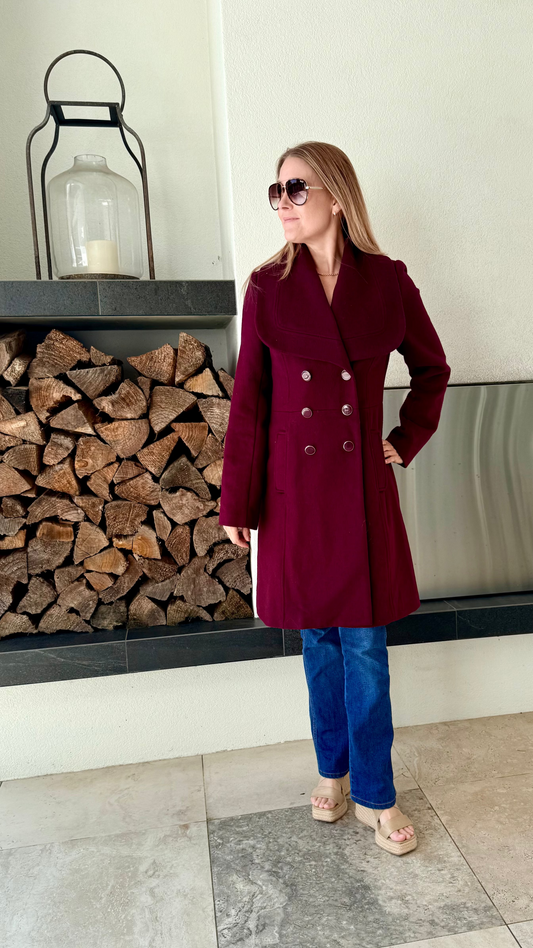 REVIEW Maroon/Burgundy Knee Length Wool Blend Coat, Size 10
