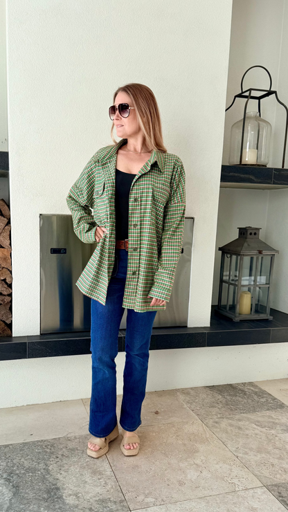 LEO + BE Green and White Plaid Button Up Shirt, Size 14