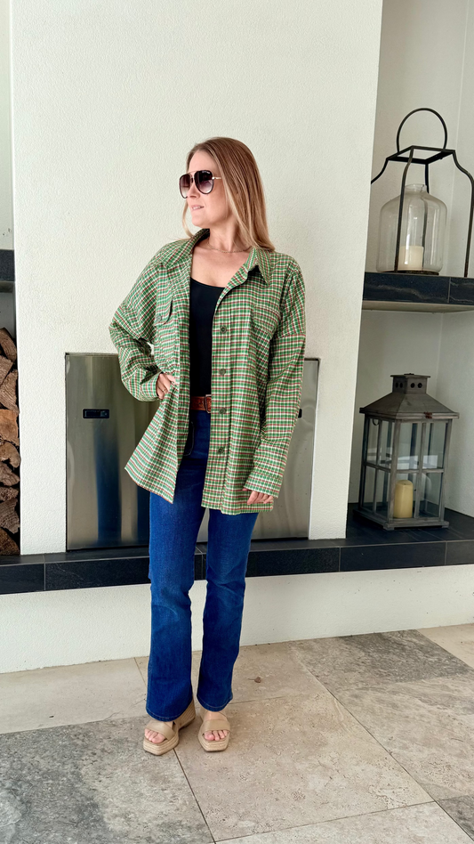 LEO + BE Green and White Plaid Button Up Shirt, Size 14