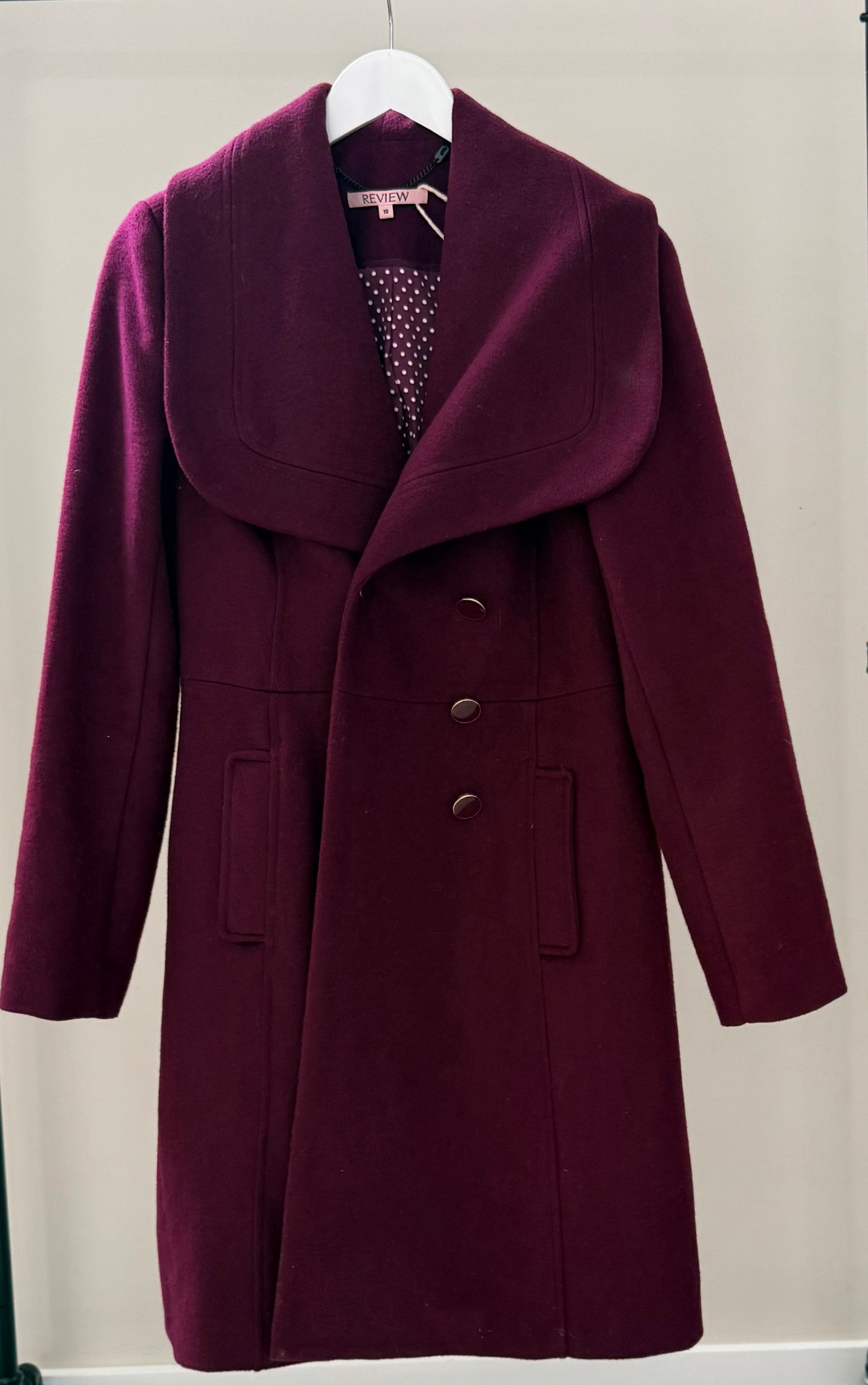 REVIEW Maroon/Burgundy Knee Length Wool Blend Coat, Size 10