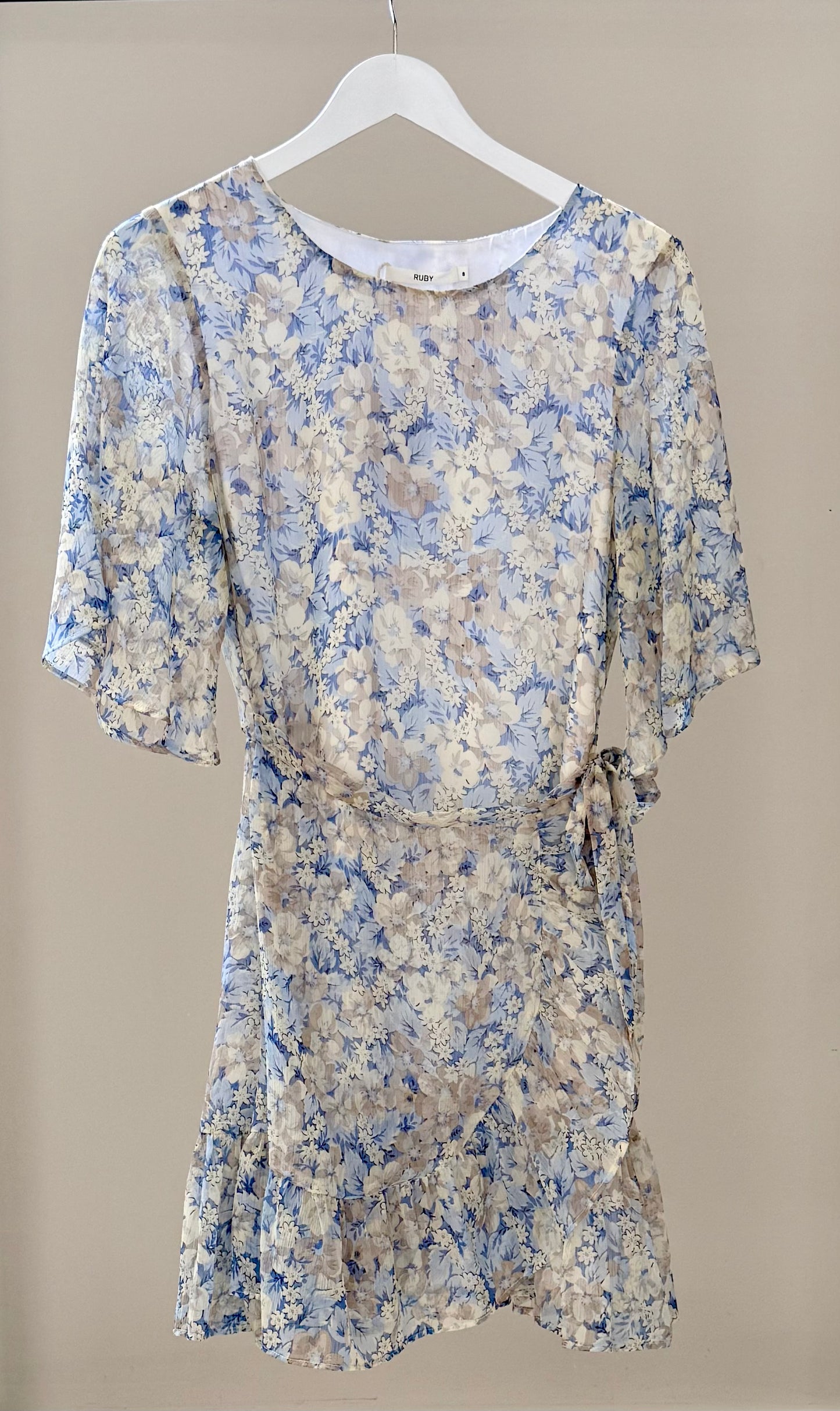 RUBY Light Blue Floral Knee Length Dress, Size 8