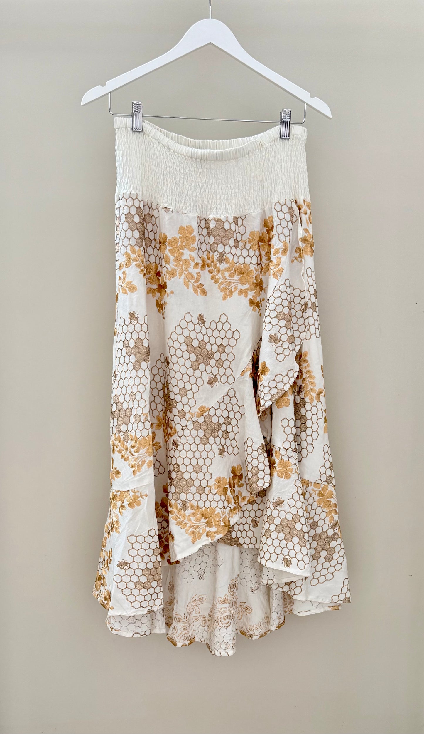 ONCE WAS Embroidered Tiered Linen Blend Midi Skirt, Size 3/L