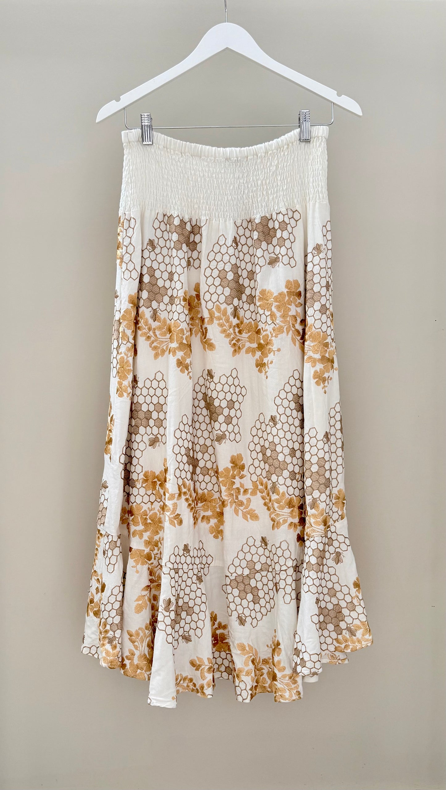 ONCE WAS Embroidered Tiered Linen Blend Midi Skirt, Size 3/L