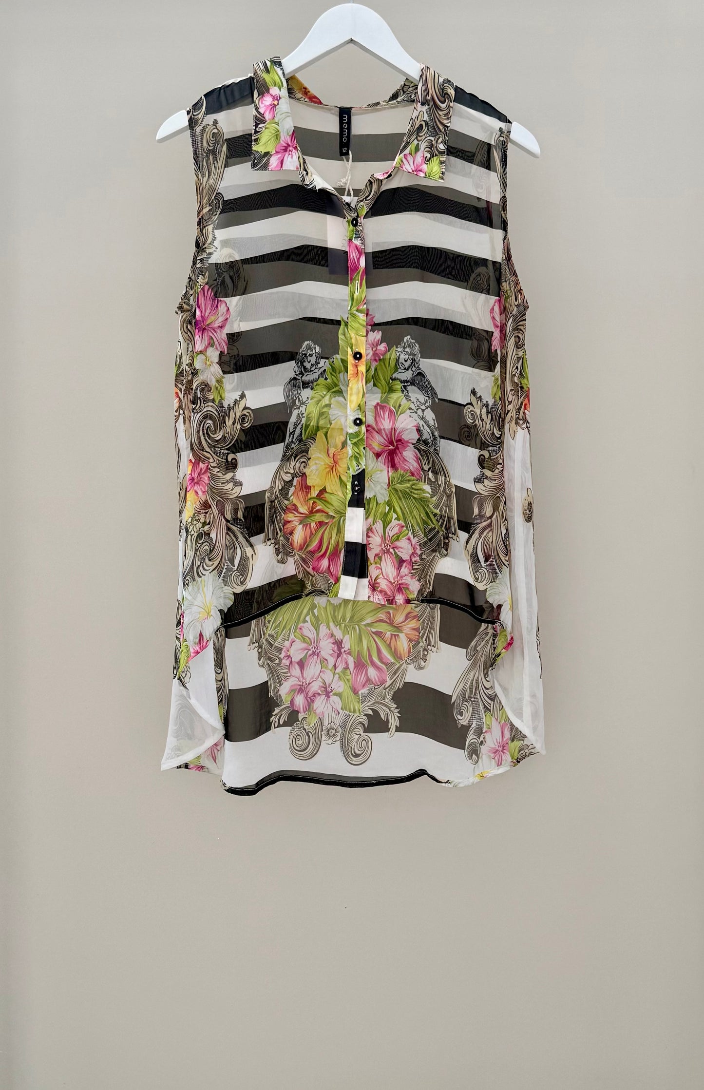 MEMO Black/White Floral Sheer Tunic Top, Size 12