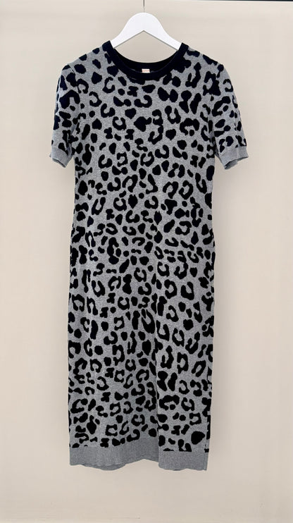SYLVESTER Grey Black Leopard Print Midi Knit Dress, Size M