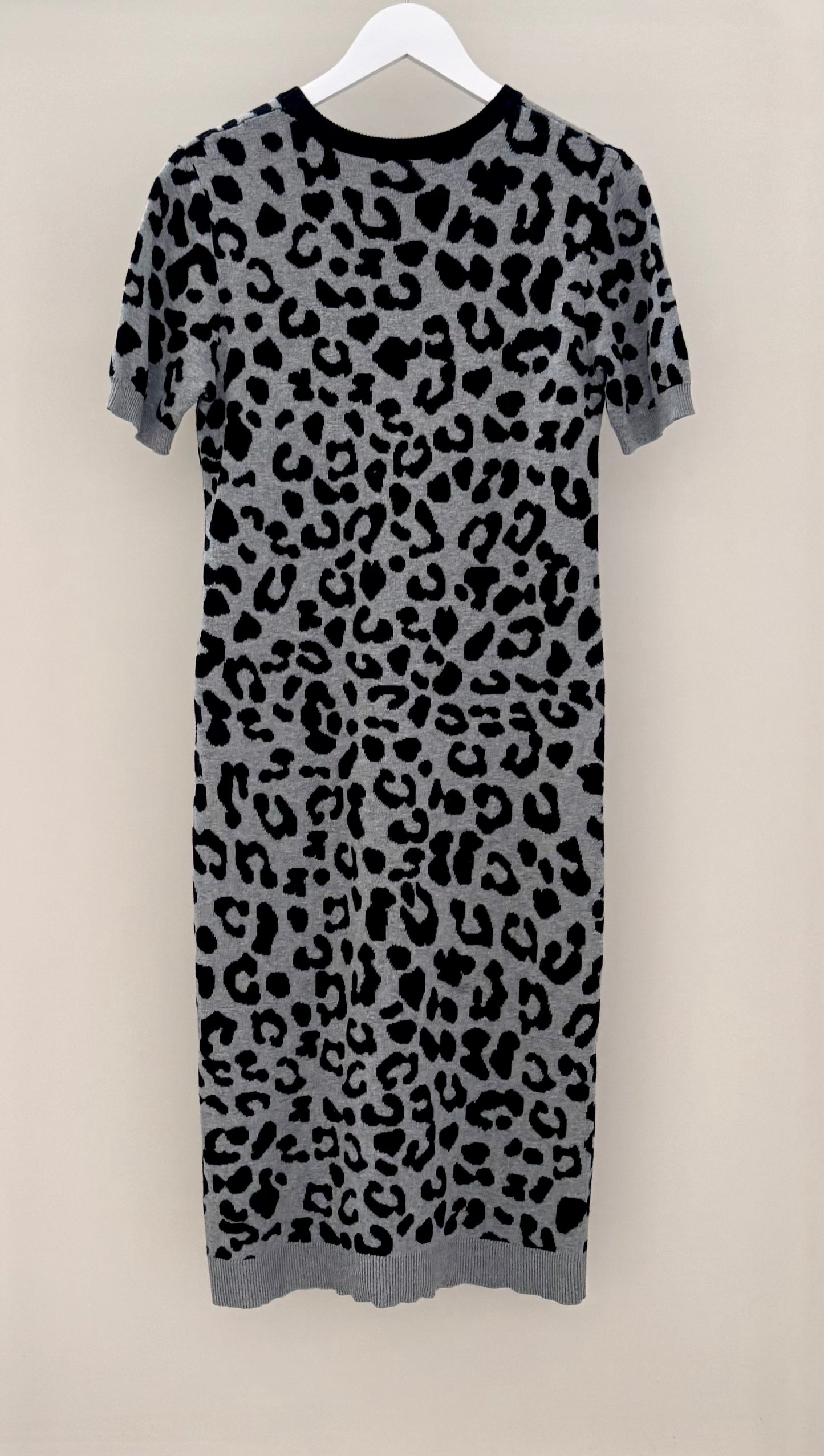 SYLVESTER Grey Black Leopard Print Midi Knit Dress, Size M