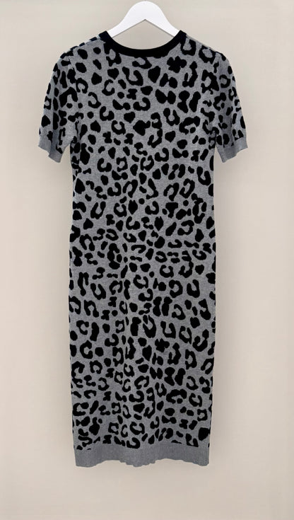 SYLVESTER Grey Black Leopard Print Midi Knit Dress, Size M