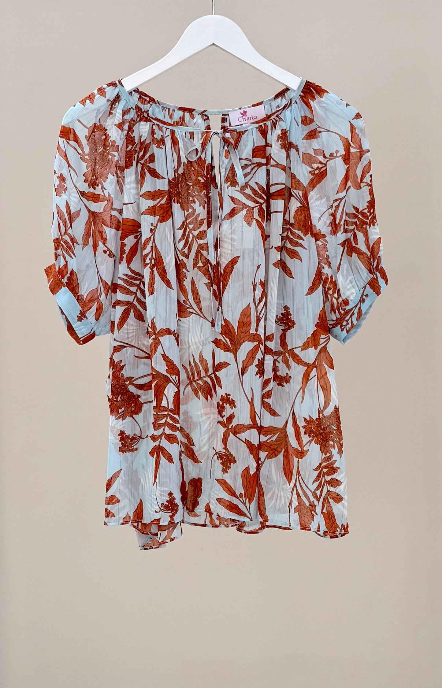 AUGUSTINE - Blue/Orange Floral Sheer Top, Size M
