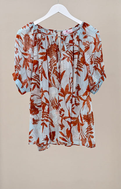 AUGUSTINE - Blue/Orange Floral Sheer Top, Size M