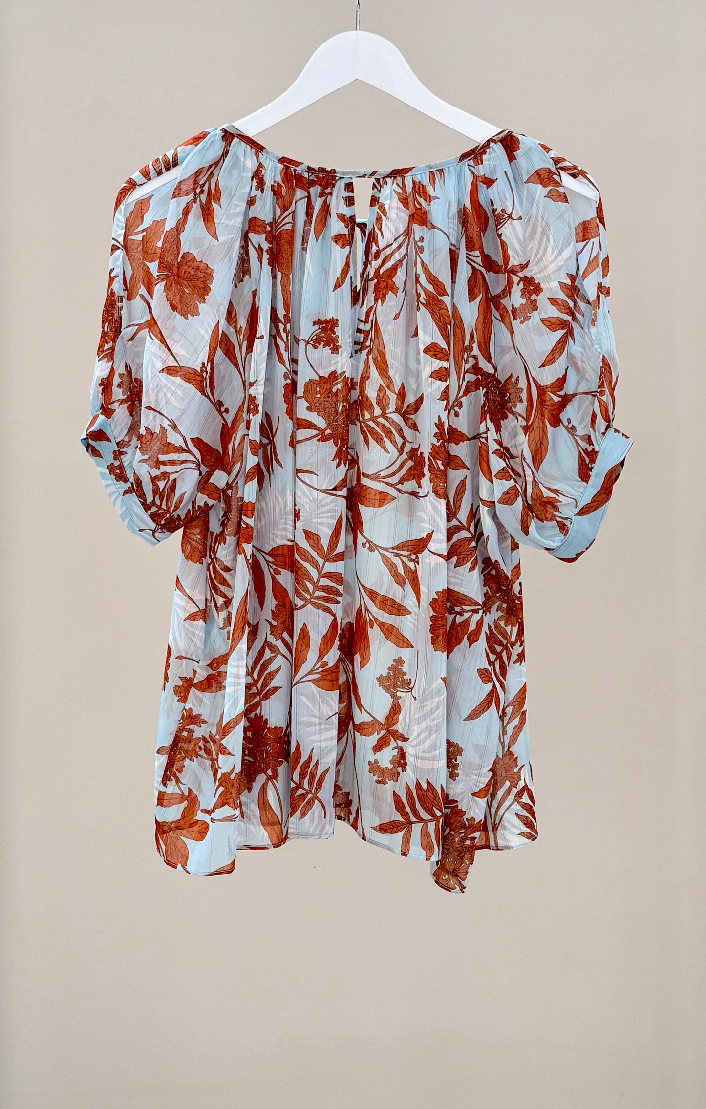 AUGUSTINE - Blue/Orange Floral Sheer Top, Size M