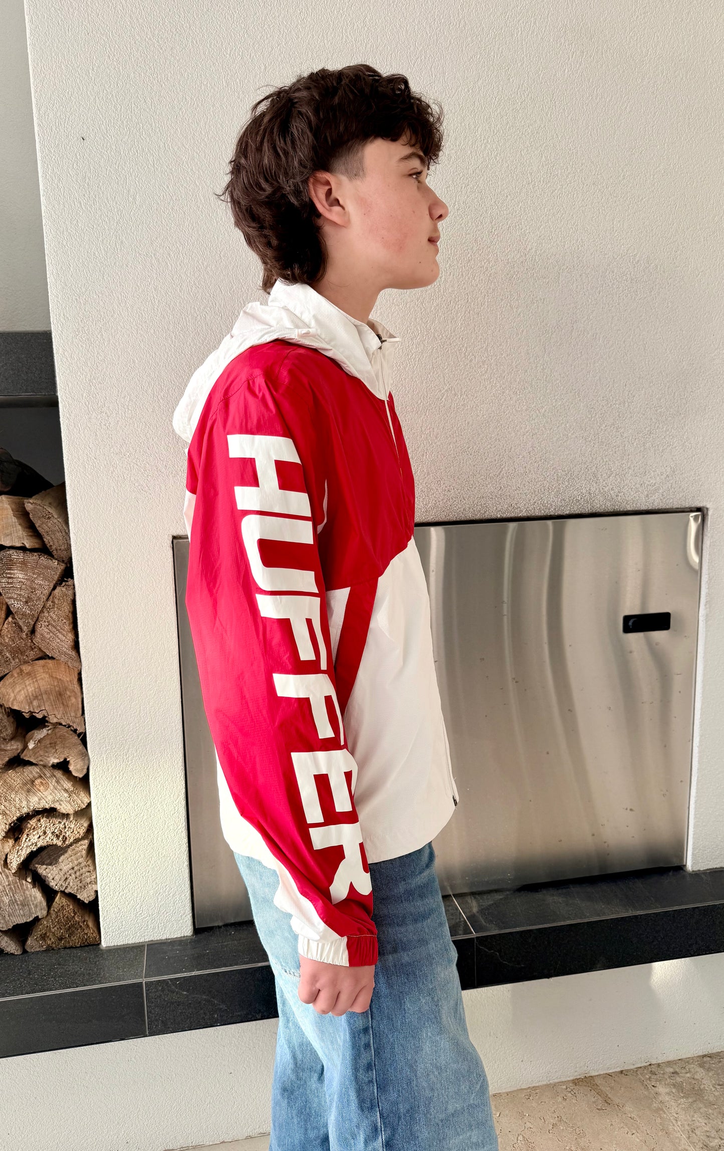 HUFFER Red/White Rain Jacket, Size 8