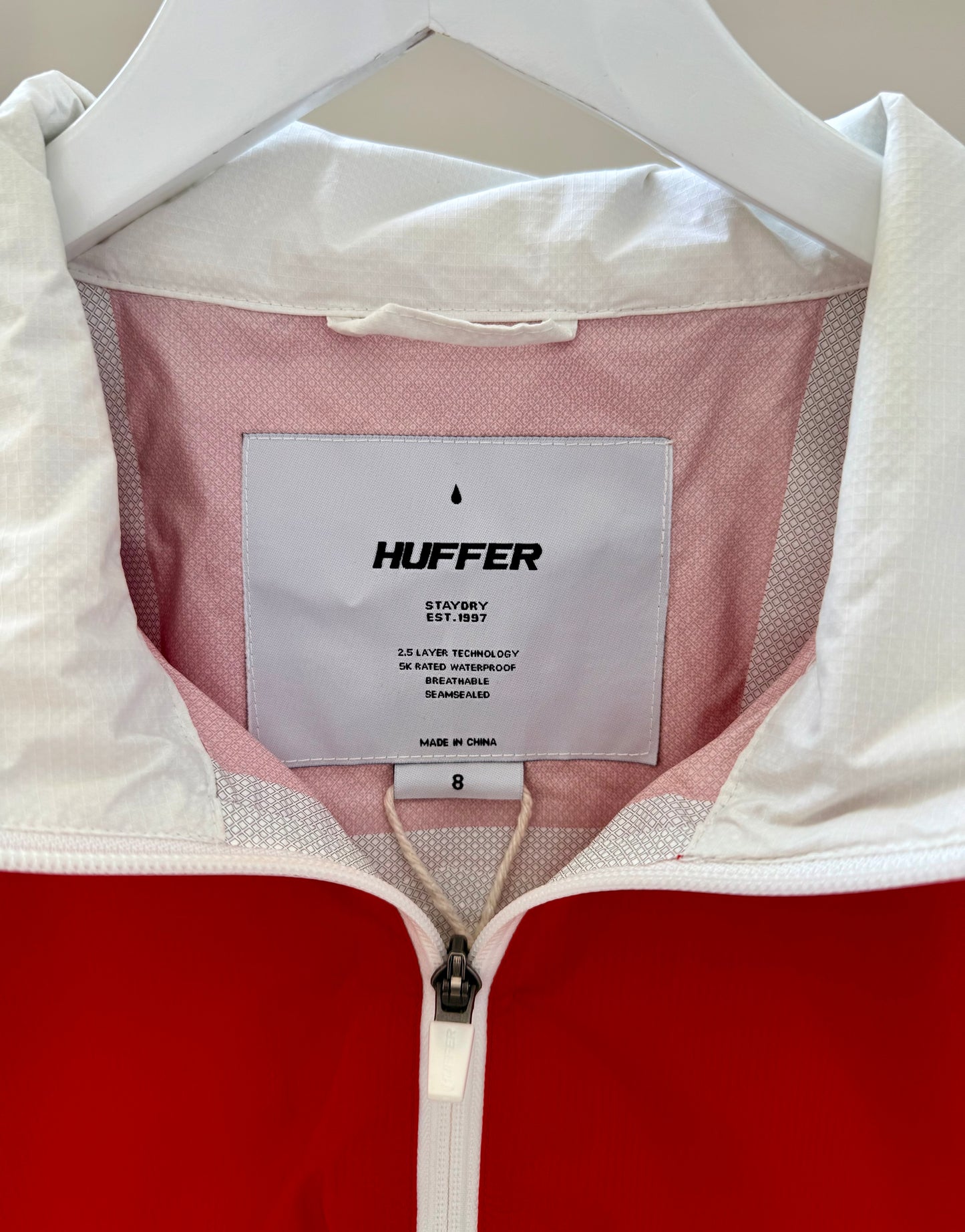 HUFFER Red/White Rain Jacket, Size 8