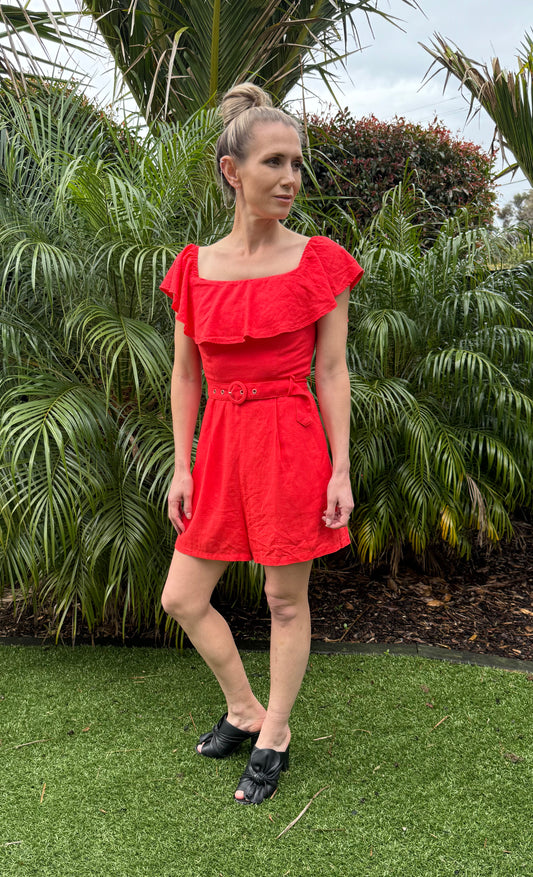 DOTTI Red Linen Blended Playsuit