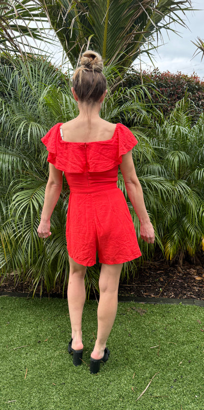 DOTTI Red Linen Blended Playsuit