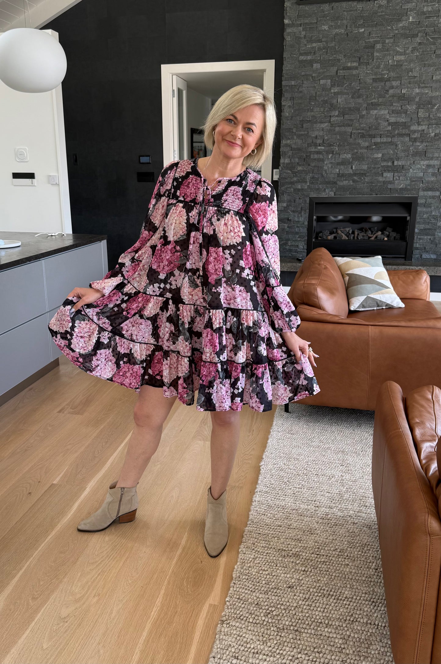 DECJUBA Knee Length Pink Floral Dress