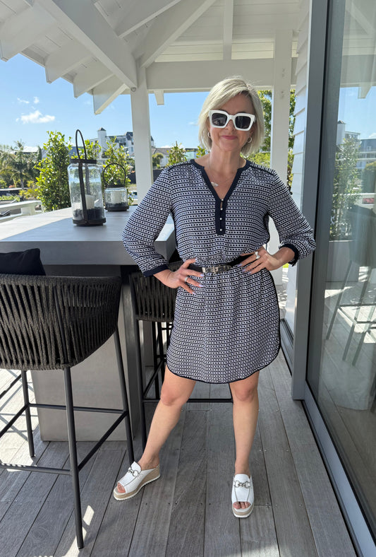 BANANA REPUBLIC Blue/White Knee Length Dress