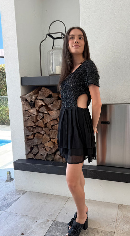 RUBY Formal Black Sequined/Silk Mini Dress