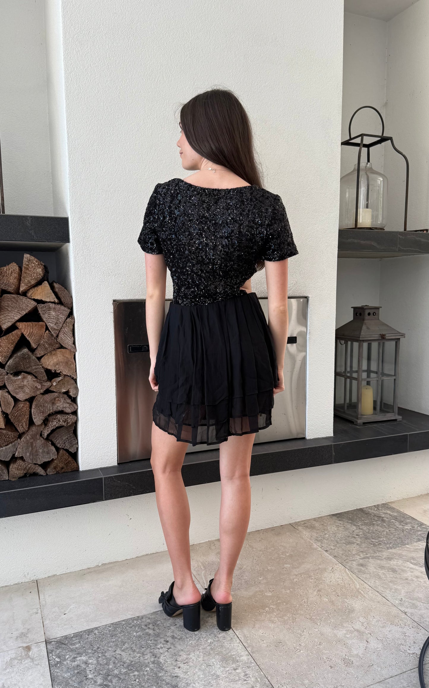 RUBY Formal Black Sequined/Silk Mini Dress