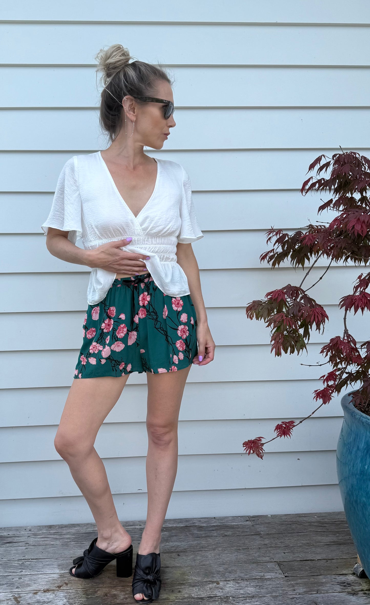 RUBY Green Floral Silk Shorts
