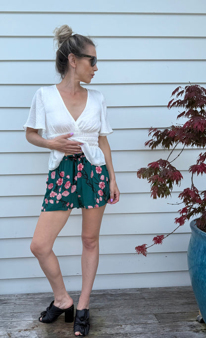 RUBY Green Floral Silk Shorts